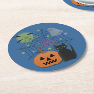 Dessous-de-verre Rond En Papier Chat noir et Citrouille pas effrayant Halloween