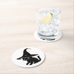 Dessous-de-verre Rond En Papier Chat noir minimaliste avec un design de chapeau de