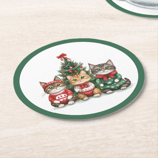 Dessous-de-verre Rond En Papier Chats de Noël mignons (Incliné)