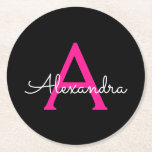 Dessous-de-verre Rond En Papier Chaud rose noir Script Girl Nom du monogramme<br><div class="desc">Dessous de verre en papier noir et rose vif simple Script Monogramme Nom. Cela fait le cadeau parfait de remise de diplômes,  anniversaire,  mariage,  douche nuptiale,  anniversaire,  baby shower ou bachelorette pour quelqu'un qui aime le luxe glam et les styles chic.</div>