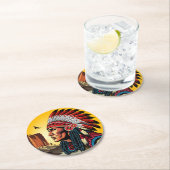 Dessous-de-verre Rond En Papier Chef amérindien sur paysage sauvage coucher de sol (En situation)