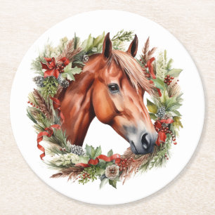 Dessous-de-verre Rond En Papier Chestnut Horse Noël Wreath Dessous de verre en pap