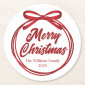 Dessous-de-verre Rond En Papier Chic Joyeux Noël Script Red Ribbon Bow Party (Devant)