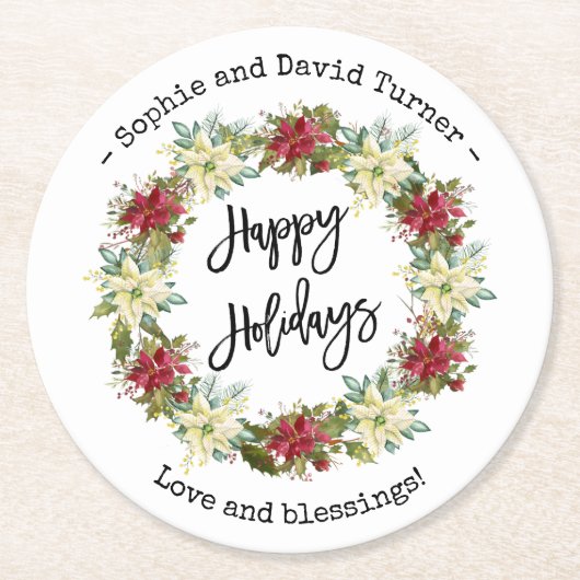 Dessous-de-verre Rond En Papier Chic Joyeux Vacances Script Poinsettia Monogramme (Devant)