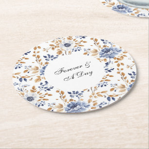 Dessous-de-verre Rond En Papier Chic Romantique Bleu Blanc Floral Mariage