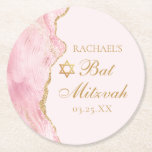 Dessous-de-verre Rond En Papier Chic Rose Gold Agate Bat mitzvah Party Personnalis<br><div class="desc">Une agate rose et or chic orne le côté de ce beau dessous de verre de fête Bat mitzvah. Le nom de votre fille est écrit dans une belle écriture formelle sous l'Étoile de David. Décor féminin parfait pour une famille juive chic et élégante célébrant une fille appelée à la...</div>