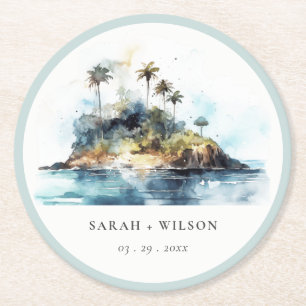 Dessous-de-verre Rond En Papier Chic Watercolor Seascape Palm Tree Island Mariage