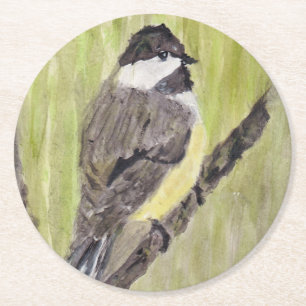 Dessous-de-verre Rond En Papier Chickadee Bird - peinture acrylique.