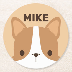Dessous-de-verre Rond En Papier Chien Corgi mignon avec nom personnalisé