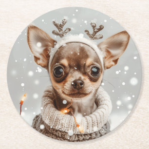 Dessous-de-verre Rond En Papier Chien de Noël Chihuahua Reindeer