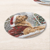 Dessous-de-verre Rond En Papier Chien de Père Noël de Noël Golden Retriever (Incliné)