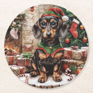 Dessous-de-verre Rond En Papier Chiens de Noël Elf Dachshund