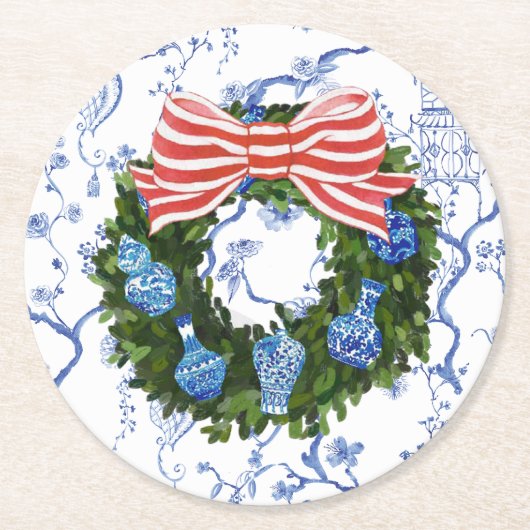 Dessous-de-verre Rond En Papier Chinoiserie Wreath, Jar de gingembre de Noël, Fête (Devant)