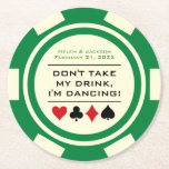 Dessous-de-verre Rond En Papier Chip de poker vert et blanc Je suis Dancing Drink<br><div class="desc">Ne laissez pas tout cet alcool délicieux se gâter en faisant ramasser les lunettes de boisson inachevées de votre invité pendant qu'ils dansent dans une tempête. Donnez à chaque invité ce dessous de verre de papier à puce vert et crémeux blanc pour poker à placer sur leur verre quand ils...</div>