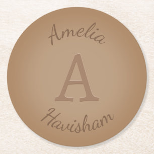 Dessous-de-verre Rond En Papier Chocolat Brown Monogramme et nom Personnalisé