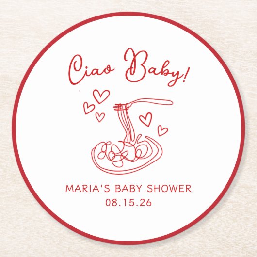 Dessous-de-verre Rond En Papier Ciao Baby ! Baby shower de pâtes italiennes à la m (Devant)