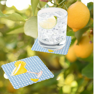 Dessous-de-verre Rond En Papier Citron jaune rétro Bleu Chèque blanc