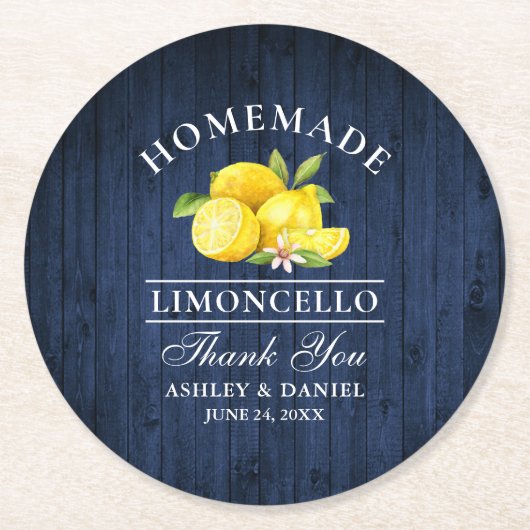 Dessous-de-verre Rond En Papier Citrons Limoncello Mariage Bleu Faux Bois (Devant)