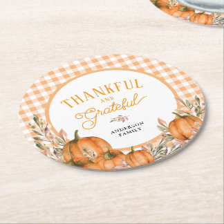 Dessous-de-verre Rond En Papier Citrouilles Gingham de remerciement et de gratitud