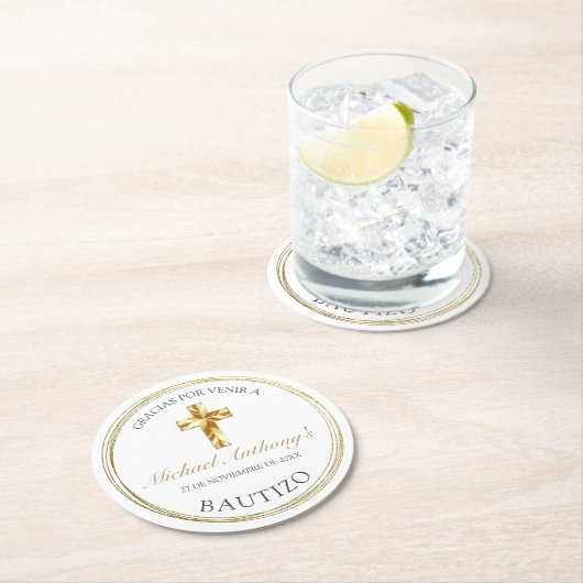 Dessous-de-verre Rond En Papier Classico Blanco Dorado Bautizo de Bebé Gracias (En situation)
