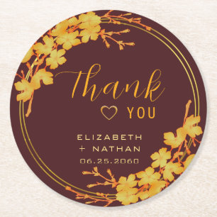 Dessous-de-verre Rond En Papier Classy Burgundy Gold Floral Mariage Merci