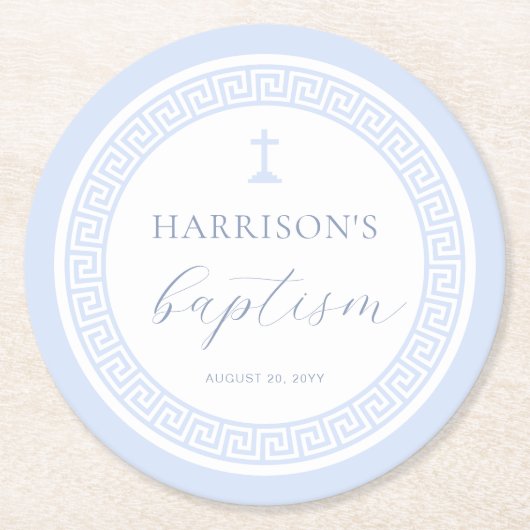 Dessous-de-verre Rond En Papier Clé grecque Baptême Bleu Blanc (Devant)