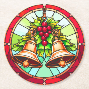 Dessous-de-verre Rond En Papier Cloche de Noël en verre coloré avec houx