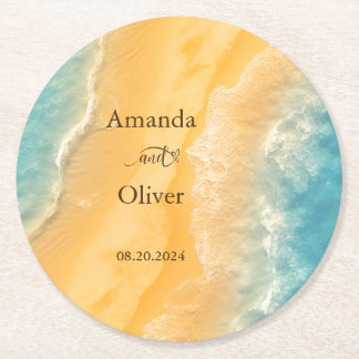 Dessous-de-verre Rond En Papier Coastal Chic Golden Sand Turquoise Mariage Bienven