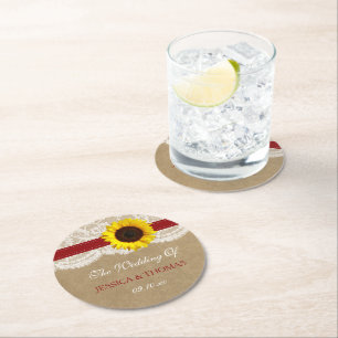 Dessous-de-verre Rond En Papier Collection Rustique de Mariages de tournesol Kraft
