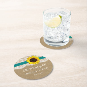 Dessous-de-verre Rond En Papier Collection Rustique de Mariages de tournesol Kraft