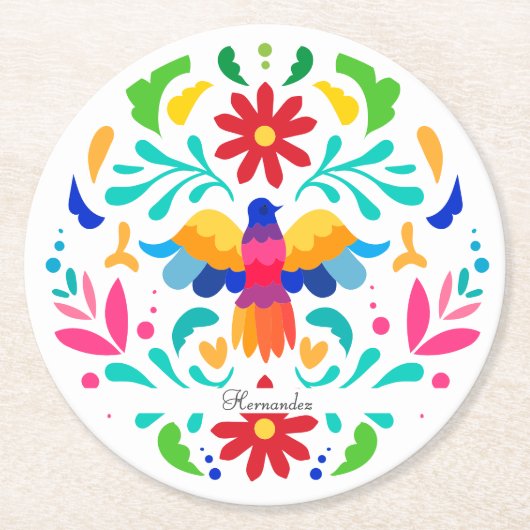 Dessous-de-verre Rond En Papier Conception Otomi Mexicaine (Devant)