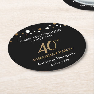 Dessous-de-verre Rond En Papier Confetti en or noir personnalisé 40e anniversaire 
