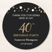 Dessous-de-verre Rond En Papier Confetti en or noir personnalisé 40e anniversaire (Devant)