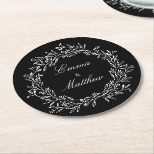 Dessous-de-verre Rond En Papier Couronne botanique boho minimaliste noire