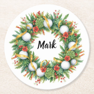 Dessous-de-verre Rond En Papier Couronne de Noël de golf avec nom de golfeur