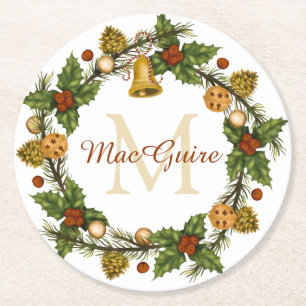 Dessous-de-verre Rond En Papier Couronne de Noël élégante vintage monogramme initi