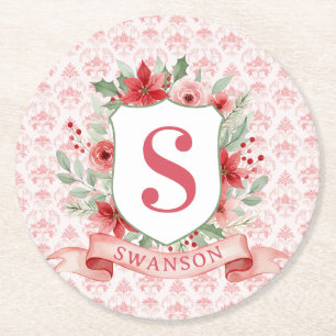 Dessous-de-verre Rond En Papier Couronne de Noël grandmillennial à monogramme