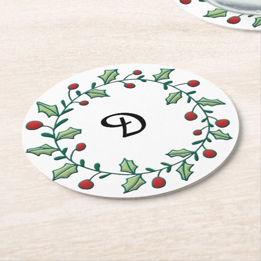 Dessous-de-verre Rond En Papier Couronne de Noël Monogramme (Incliné)