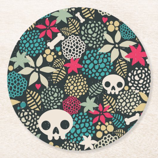 Dessous-de-verre Rond En Papier Crâne en fleurs (Devant)
