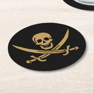 Dessous-de-verre Rond En Papier Crâne et cutlass d'or aztèque Pirate Calico Jack