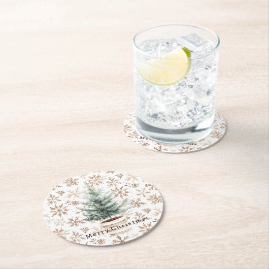 Dessous-de-verre Rond En Papier Cream White Snowflakes Christmas Tree (En situation)