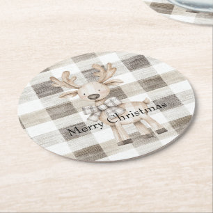 Dessous-de-verre Rond En Papier Crème Tan biologique Plaid Stripes Christmas Reind