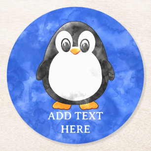 Dessous-de-verre Rond En Papier Cute Aquarelle Pingouin bleu