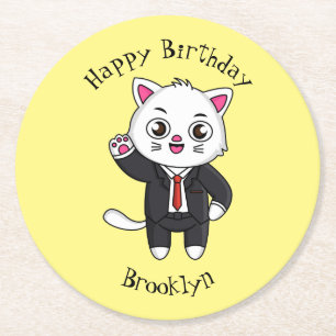 Dessous-de-verre Rond En Papier Cute chaton chat en costume d'affaires dessin anim