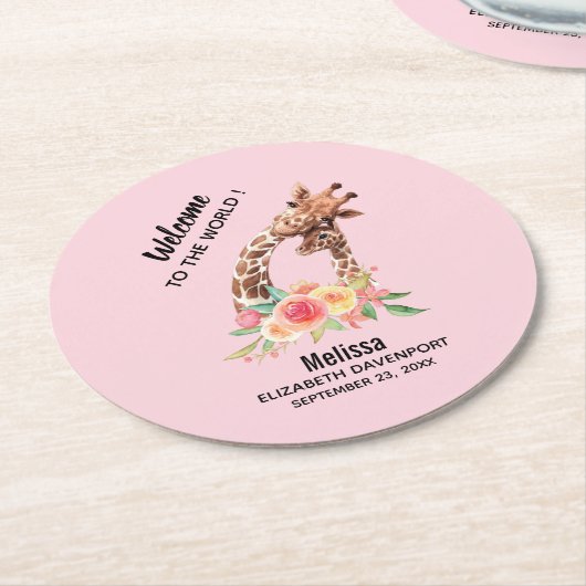 Dessous-de-verre Rond En Papier Cute Giraffe Aquarelle Maman & Nouveau bébé (Incliné)
