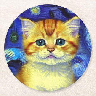Dessous-de-verre Rond En Papier Cute Kitten Starry Night Van Gogh