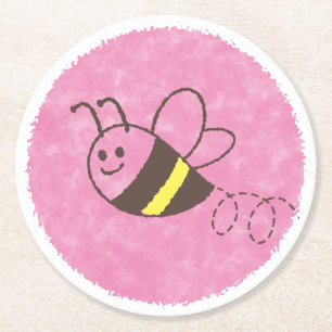Dessous-de-verre Rond En Papier Cute Little Bee Flying Pink Aquarelle Baby shower