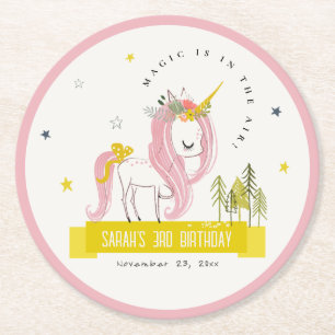 Dessous-de-verre Rond En Papier Cute Magique Unicorn rose Jaune Anniversaire de en