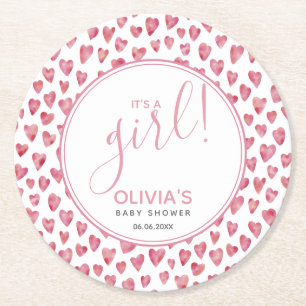 Dessous-de-verre Rond En Papier Cute Pink Heart Baby Shower C'est Une Fille