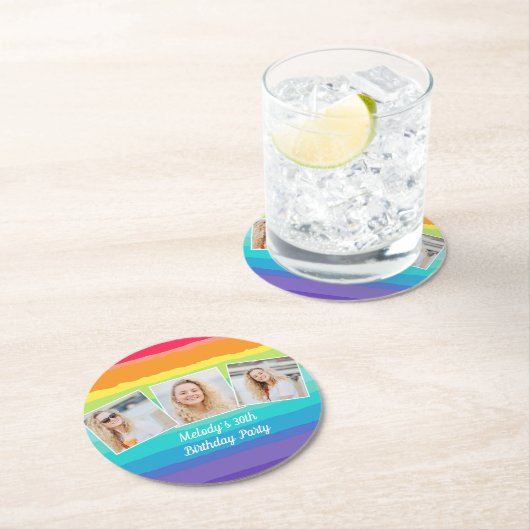 Dessous-de-verre Rond En Papier Cute Rainbow Photo Collage Personnalisé Anniversai (En situation)